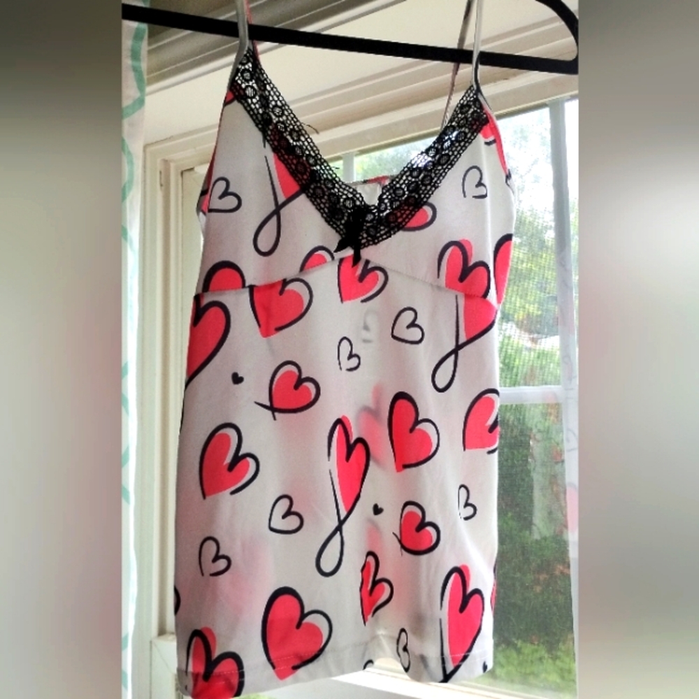 Heart Print Cami with Lace Trim